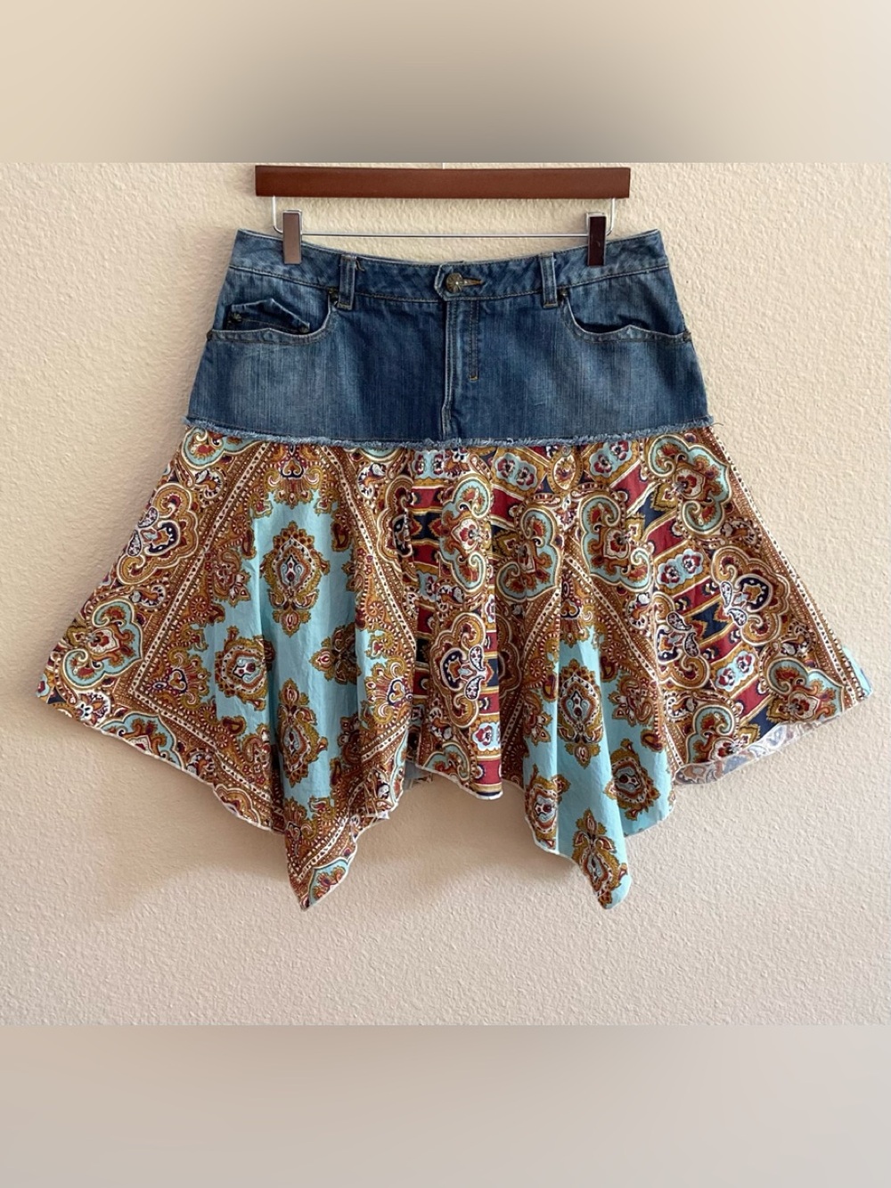 Double D Ranch Denim Top Paisley Boho Skirt in Blue, Brown, Cream